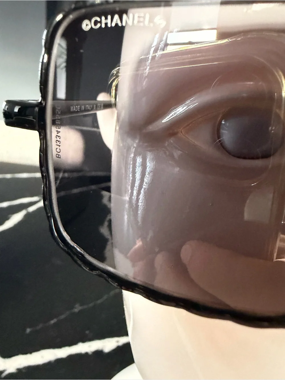 CHANEL Black and Silver Square Aviator Sunglasses